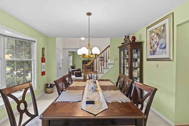 63 Forge Rd, Sharon, MA 02067 - dining space featuring a chandelier, stairs, baseboards, and light carpet