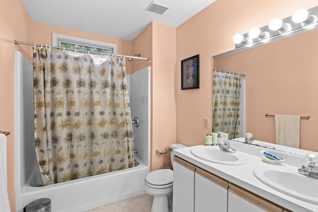 63 Forge Rd, Sharon, MA 02067 - bathroom featuring shower / bathtub combination with curtain, double vanity, tile patterned floors, and toilet