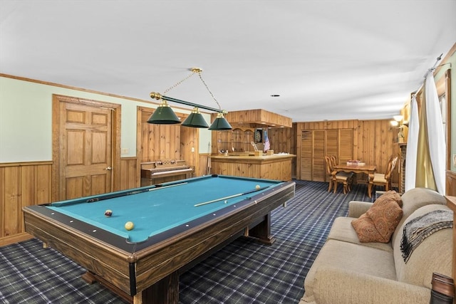 63 Forge Rd, Sharon, MA 02067 - game room featuring wood walls, dark carpet, pool table, and a wainscoted wall