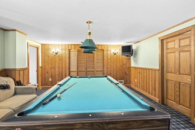63 Forge Rd, Sharon, MA 02067 - rec room with billiards, wooden walls, carpet floors, wainscoting, and crown molding