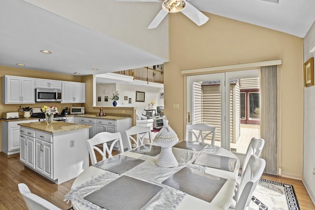 63 Forge Rd, Sharon, MA 02067 - dining area with a ceiling fan, lofted ceiling, light wood-type flooring, and recessed lighting
