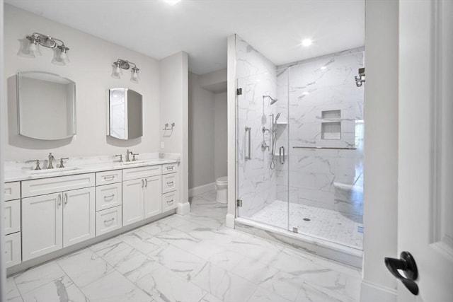 16 Pine Hill Rd Unit 16, Wenham, MA 01984 - full bathroom with marble look tiles, a marble finish shower, double vanity, and recessed lighting