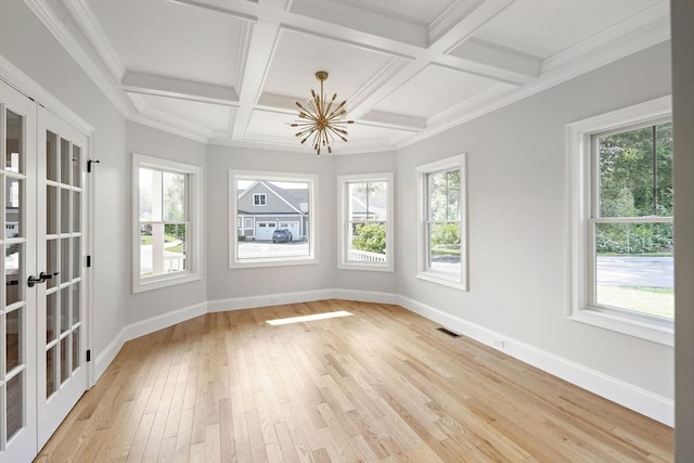 16 Pine Hill Rd Unit 16, Wenham, MA 01984 - unfurnished sunroom featuring a chandelier, french doors, plenty of natural light, coffered ceiling, and beamed ceiling