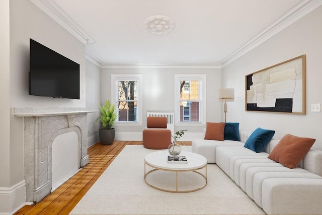 living room featuring hardwood / wood-style floors, crown molding, and baseboards