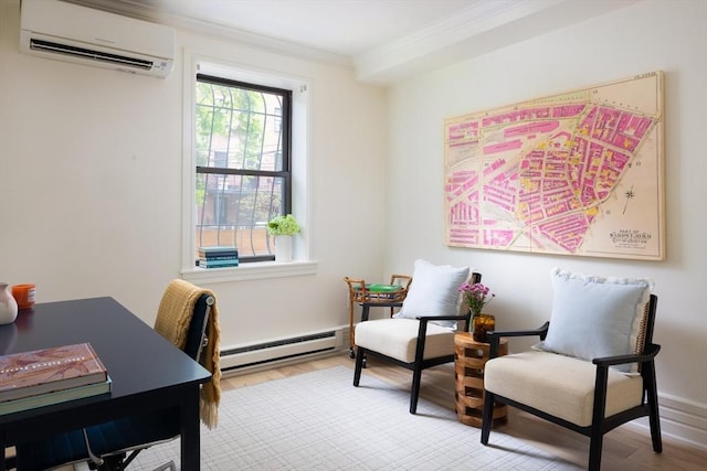 office space featuring a wall mounted air conditioner, a baseboard radiator, ornamental molding, and wood finished floors