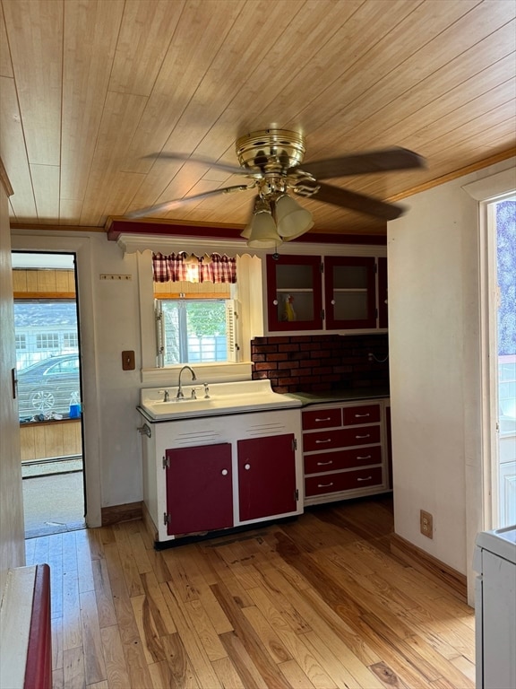 kitchen with light hardwood / wood-style floors, a healthy amount of sunlight, wooden ceiling, and a baseboard heating unit