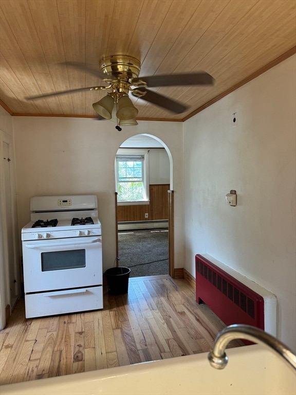 kitchen featuring a baseboard radiator, white range with gas cooktop, wood ceiling, and light hardwood / wood-style floors