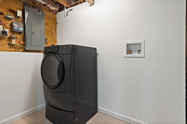 laundry room with electric panel, laundry area, baseboards, and washer / dryer