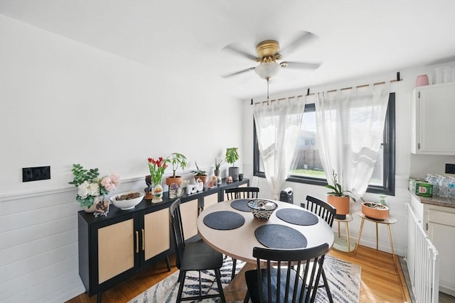 dining space with a ceiling fan, a wainscoted wall, and light wood-type flooring
