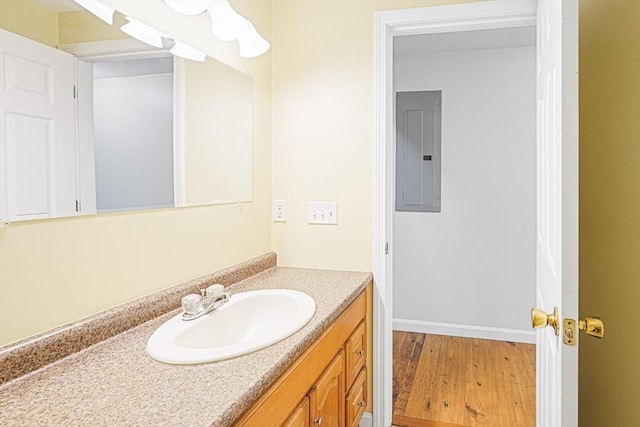 50 Maggie Ln, Southbridge, MA 01550 - bathroom with electric panel, vanity, and wood finished floors