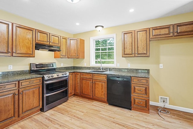 50 Maggie Ln, Southbridge, MA 01550 - kitchen with black dishwasher, double oven range, a sink, under cabinet range hood, and brown cabinets