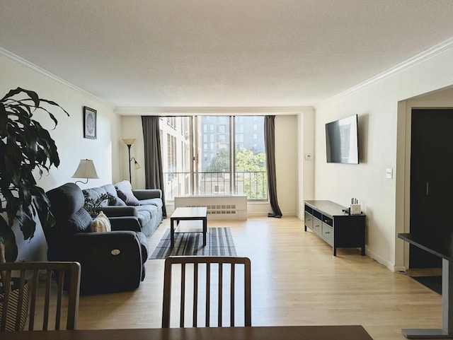 99 Pond Ave Unit 608, Brookline, MA 02445 - living area featuring ornamental molding, light wood-style floors, radiator, and a textured ceiling