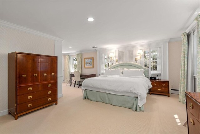 bedroom with light carpet, visible vents, recessed lighting, a baseboard heating unit, and ornamental molding