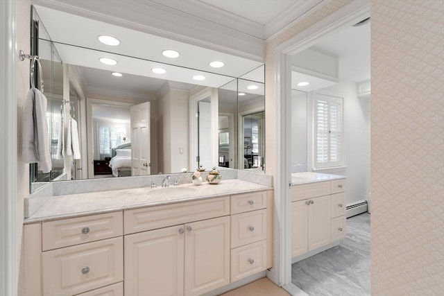 bathroom featuring crown molding, ensuite bathroom, a baseboard heating unit, and recessed lighting