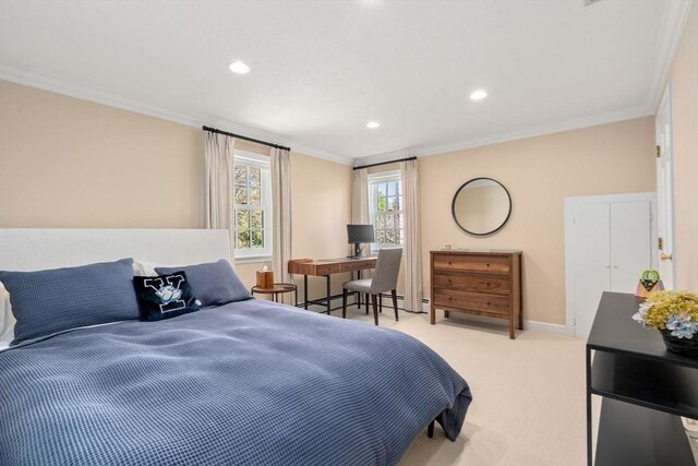 bedroom featuring recessed lighting, ornamental molding, baseboards, and light carpet