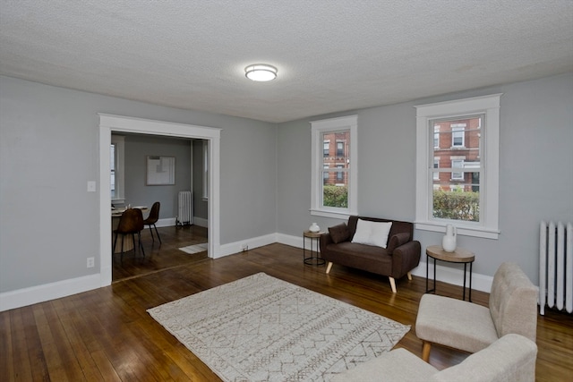 living area featuring dark hardwood / wood-style flooring, radiator, and a textured ceiling