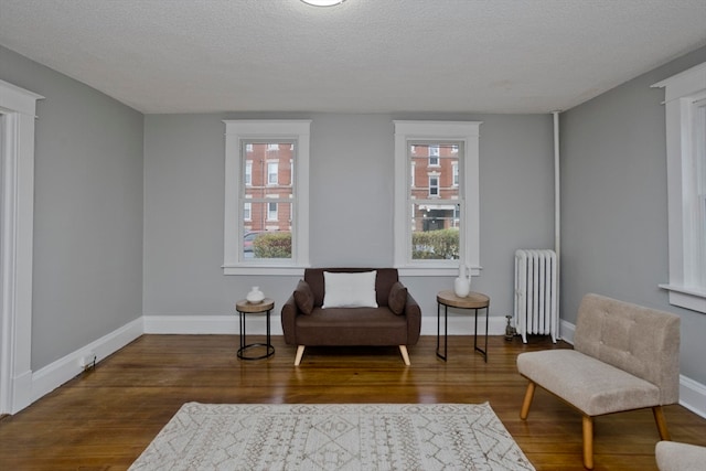 living area featuring a textured ceiling, radiator heating unit, and dark hardwood / wood-style flooring