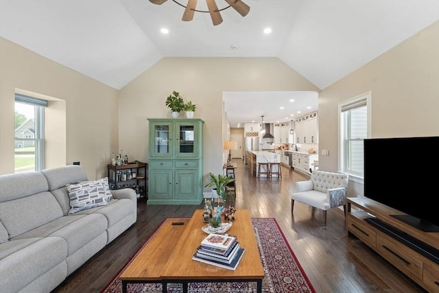 2 Rose Ann Ct, Seekonk, MA 02771 - living area with ceiling fan, dark wood-style flooring, and high vaulted ceiling
