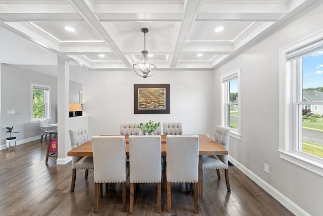 2 Rose Ann Ct, Seekonk, MA 02771 - dining space featuring dark wood-style floors, coffered ceiling, a chandelier, beamed ceiling, and recessed lighting