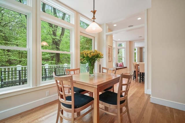 dining room with light wood-style floors, plenty of natural light, and baseboards