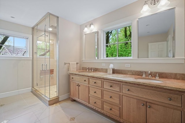 bathroom featuring plenty of natural light, a sink, and a shower stall