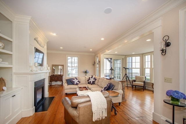 living room featuring crown molding and light hardwood / wood-style flooring