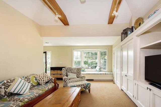 living room featuring light colored carpet and vaulted ceiling with beams