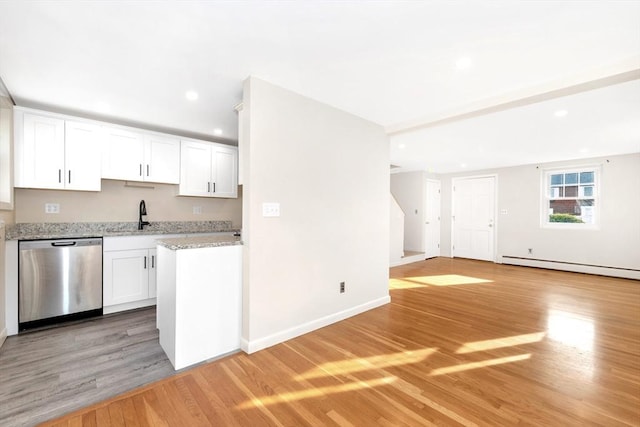 kitchen featuring sink, light stone counters, stainless steel dishwasher, light hardwood / wood-style floors, and white cabinets