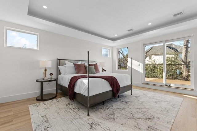 bedroom featuring wood-type flooring and a raised ceiling