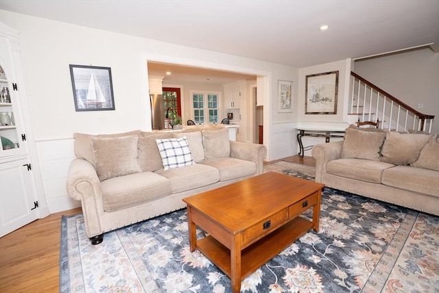 14 N Pleasant St, Dartmouth, MA 02748 - living area featuring stairway, light wood-type flooring, and recessed lighting