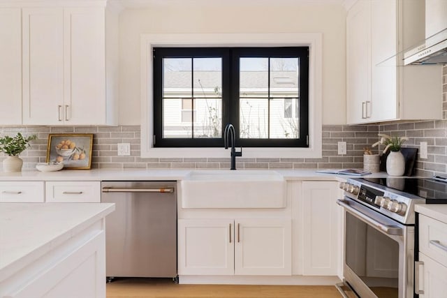 kitchen featuring white cabinetry, stainless steel appliances, decorative backsplash, wall chimney exhaust hood, and sink