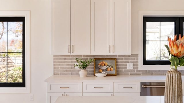 kitchen featuring a healthy amount of sunlight, decorative backsplash, stainless steel dishwasher, and white cabinets