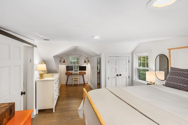 bedroom with wood finished floors, lofted ceiling, multiple windows, baseboards, and a closet