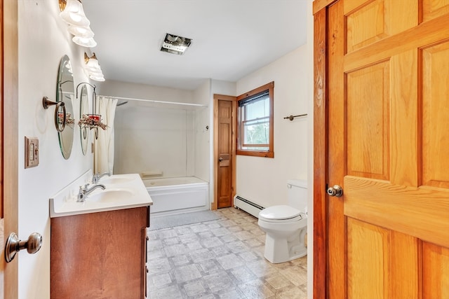 full bathroom with  shower combination, tile patterned floors, baseboard heating, vanity, and toilet