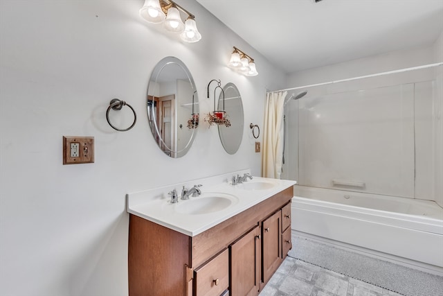 bathroom with tile patterned flooring, shower / tub combo with curtain, and dual bowl vanity