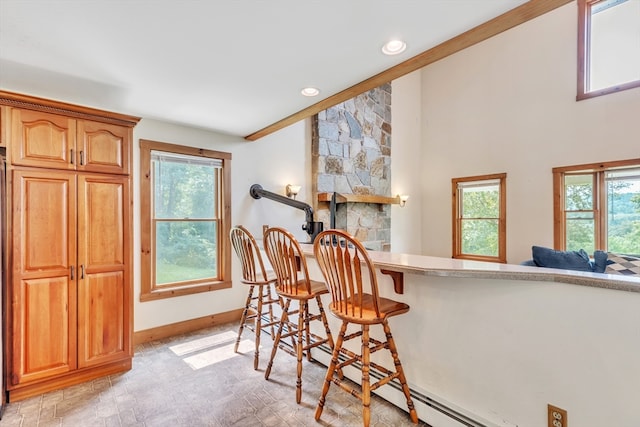 bar featuring a towering ceiling, plenty of natural light, baseboard heating, and a fireplace