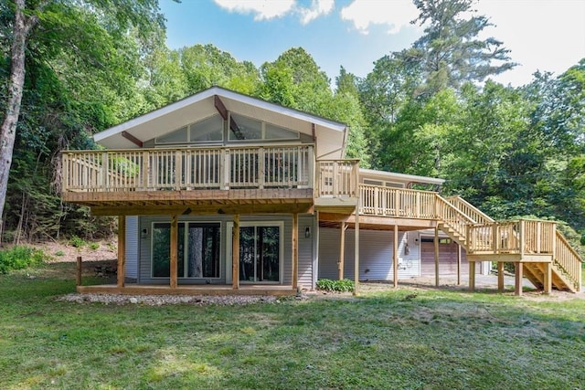 444 Loomis St, Westfield, MA 01085 - back of property with stairs, a deck, and a lawn