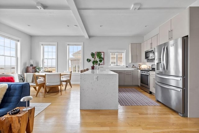 148 Winthrop Shore Dr Unit 4, Winthrop, MA 02152 - kitchen featuring appliances with stainless steel finishes, a peninsula, plenty of natural light, light wood-style floors, and beam ceiling