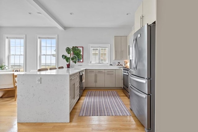 148 Winthrop Shore Dr Unit 4, Winthrop, MA 02152 - kitchen featuring stainless steel appliances, a peninsula, plenty of natural light, light wood-type flooring, and beam ceiling