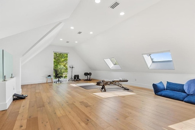 30 Whipple Rd, Lexington, MA 02420 - exercise room featuring a skylight, light wood finished floors, vaulted ceiling, and recessed lighting