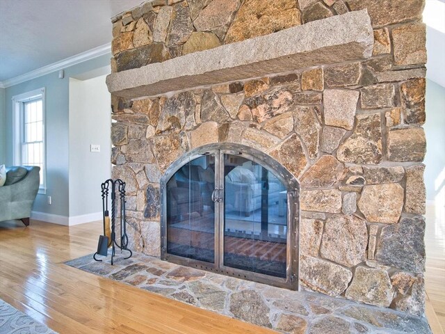 details featuring crown molding, wood-type flooring, and a fireplace