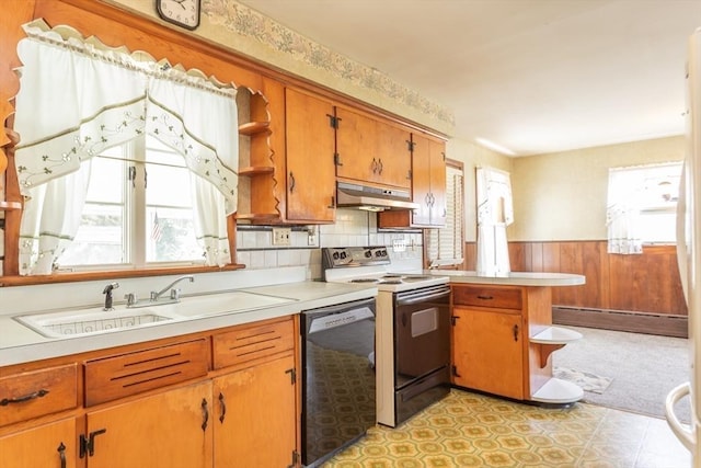 195 Hooper St, Tiverton, RI 02878 - kitchen featuring black dishwasher, white range with electric cooktop, under cabinet range hood, open shelves, and a wainscoted wall