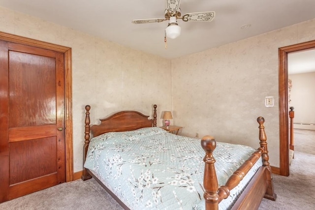 195 Hooper St, Tiverton, RI 02878 - bedroom featuring carpet flooring, baseboard heating, baseboards, and a ceiling fan