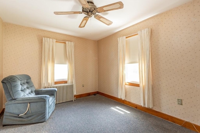 195 Hooper St, Tiverton, RI 02878 - unfurnished room featuring radiator heating unit, carpet flooring, wallpapered walls, and a ceiling fan