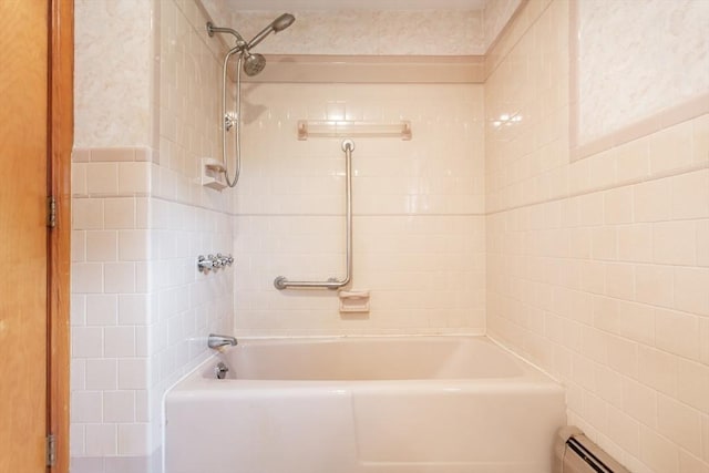 195 Hooper St, Tiverton, RI 02878 - full bath with a baseboard heating unit, tile walls, and shower / tub combination