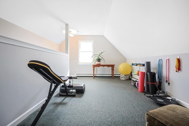 living area featuring a baseboard heating unit, baseboards, and vaulted ceiling