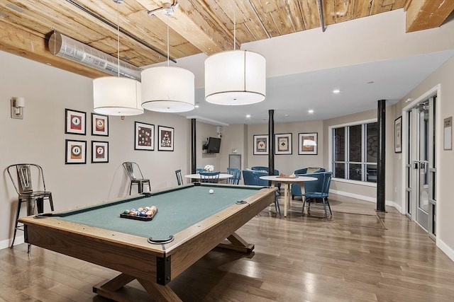 game room featuring wood finished floors, baseboards, pool table, and wood ceiling
