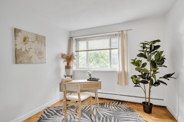 office featuring parquet floors and a baseboard radiator