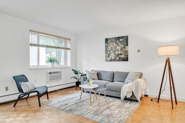 living room featuring parquet flooring, a baseboard heating unit, and a wall mounted AC