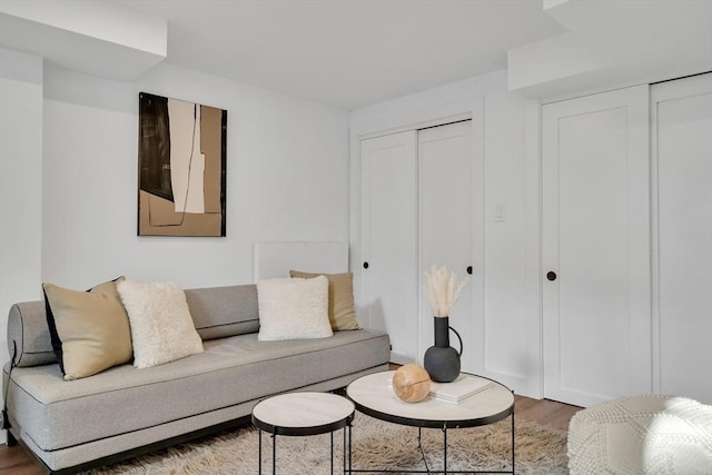 living room with dark hardwood / wood-style flooring